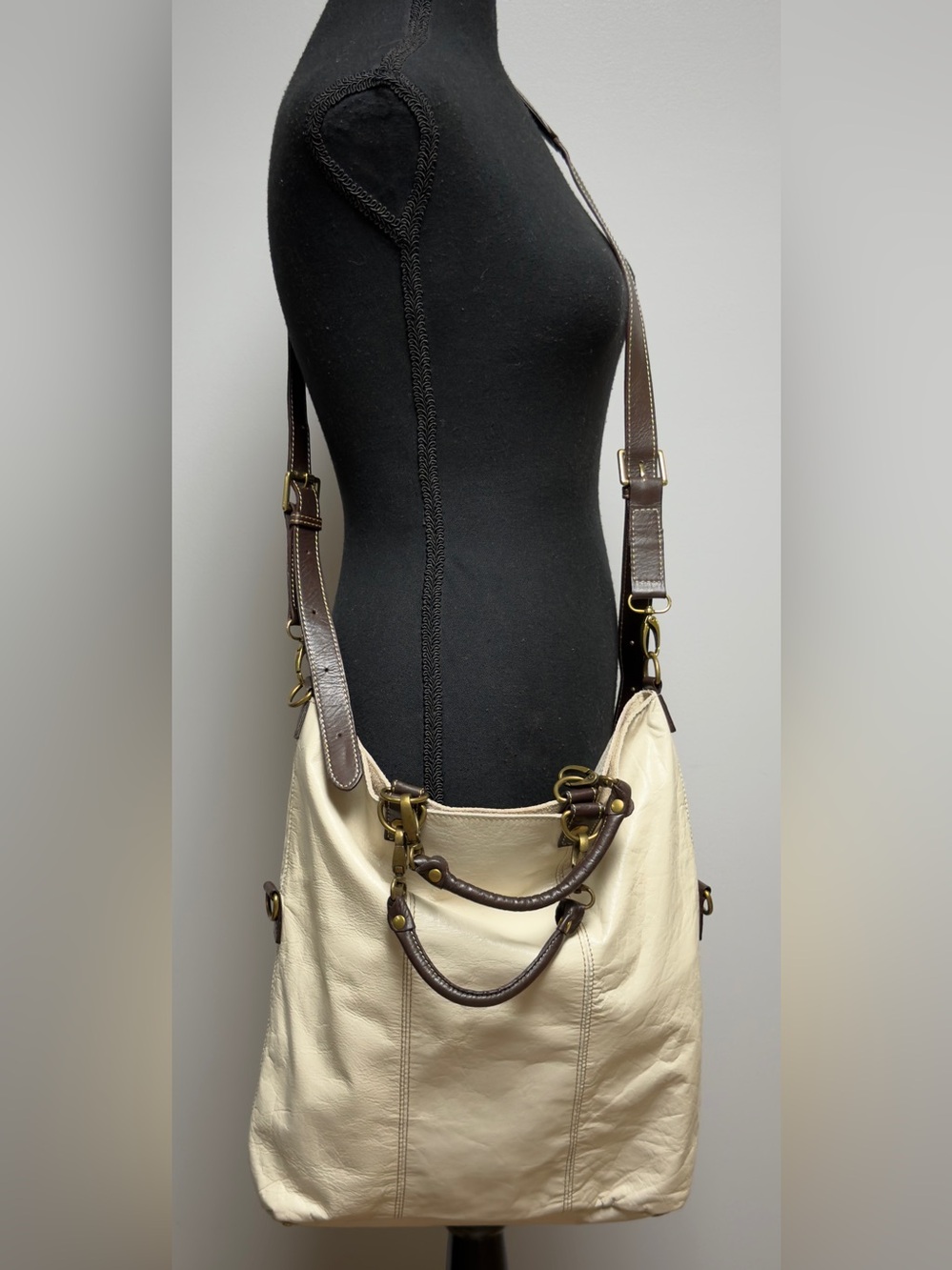 Vtg Y2K Ipa-Nima Cream Leather Slouchy Hobo Bag Convertible Shoulder Crossbody